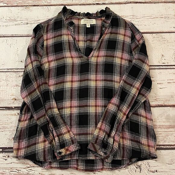 Anthropologie Cloth & Stone Charley Popover Ruffle V-Neck Plaid Blouse Top Small - Picture 1 of 8